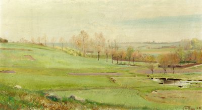 Feldlandschaft mit hellgrünen Feldern; ein Wasserloch rechts, Mogenstrup von Laurits Andersen Ring